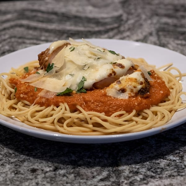 Spaghetti with chicken parmesan, tomato sauce, and shaved cheese on a white plate.