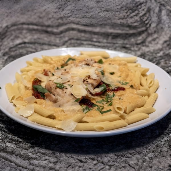 Creamy penne pasta with chicken, sun-dried tomatoes, and shaved parmesan on a white plate.