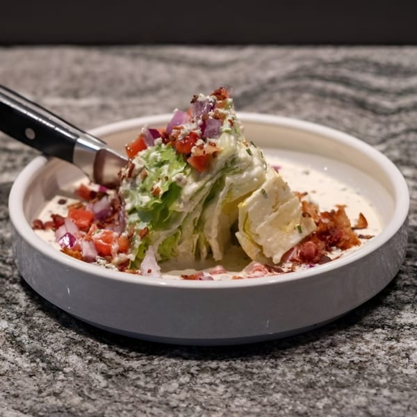 Wedge salad with blue cheese dressing, bacon, tomatoes, and red onion in a white bowl.