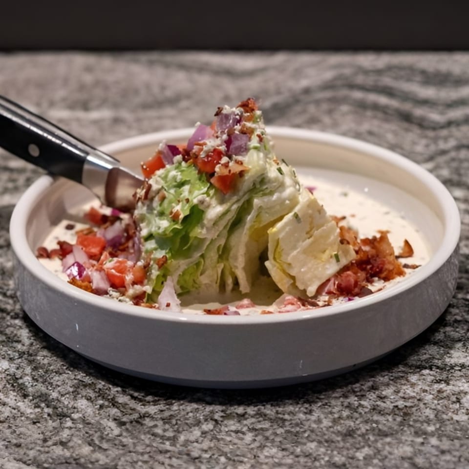 Wedge salad with blue cheese dressing, bacon, tomatoes, and red onion in a white bowl.