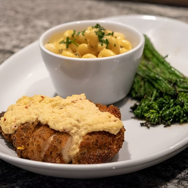 Crispy chicken with a creamy topping, mac and cheese, and roasted broccolini on a white plate.
